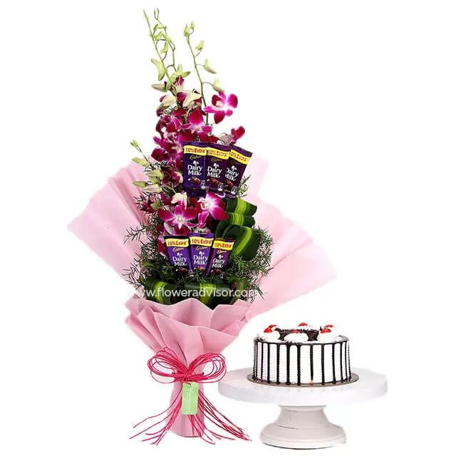 Orchids Bouquet And Black Forest Cake - Birthday