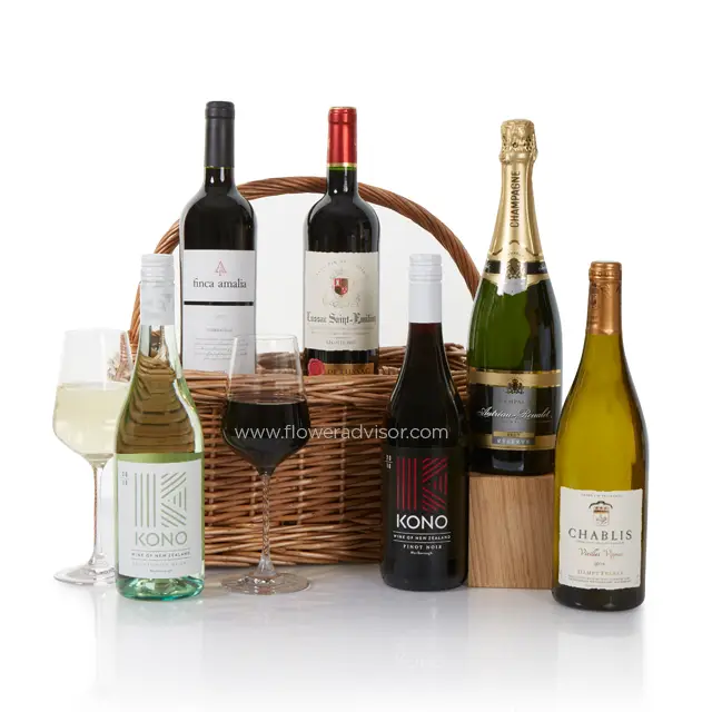 Prestige 6 bottle wine selection in wicker carrier - Wine Gifts Basket