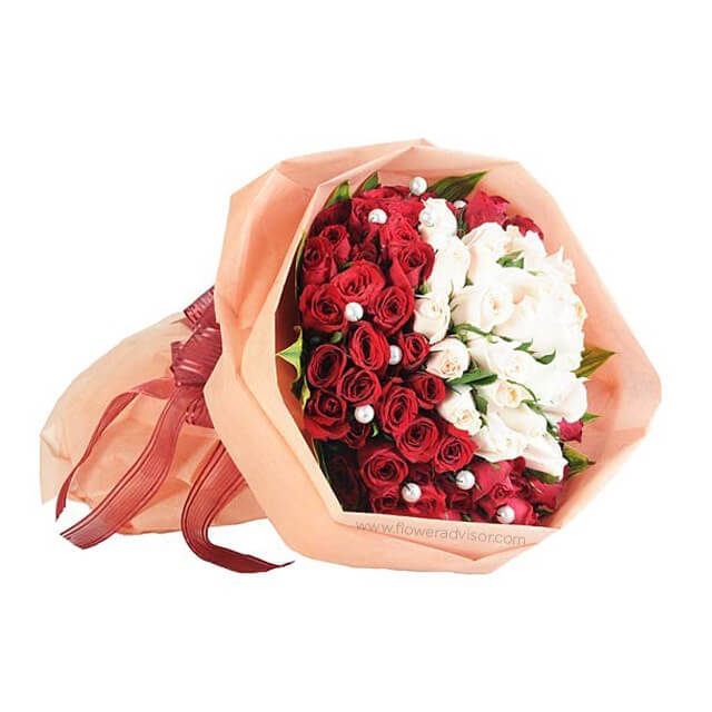 50 Red and White Roses Bouquet - Fifty First Kisses - Wedding
