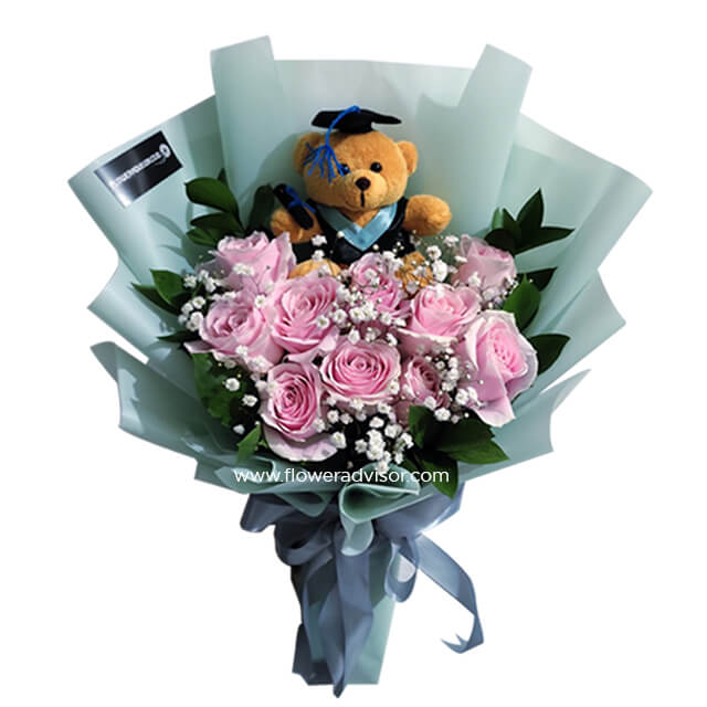 Pink Roses With Teddy Bear - Purple Tale - Congratulations