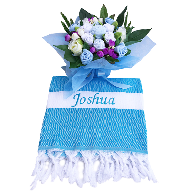 Personalized Baby Blue with Artificial Flowers - Baby Gifts