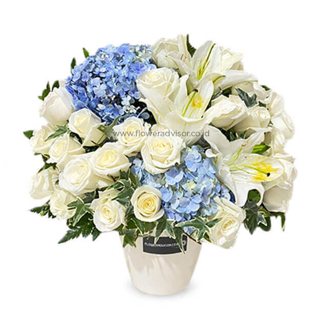 Tied Together - Mixed Blue and White Arrangement - Table Flowers