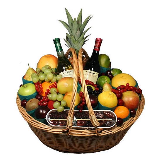 Fruit Basket with Red & White Wine - Fruits Baskets