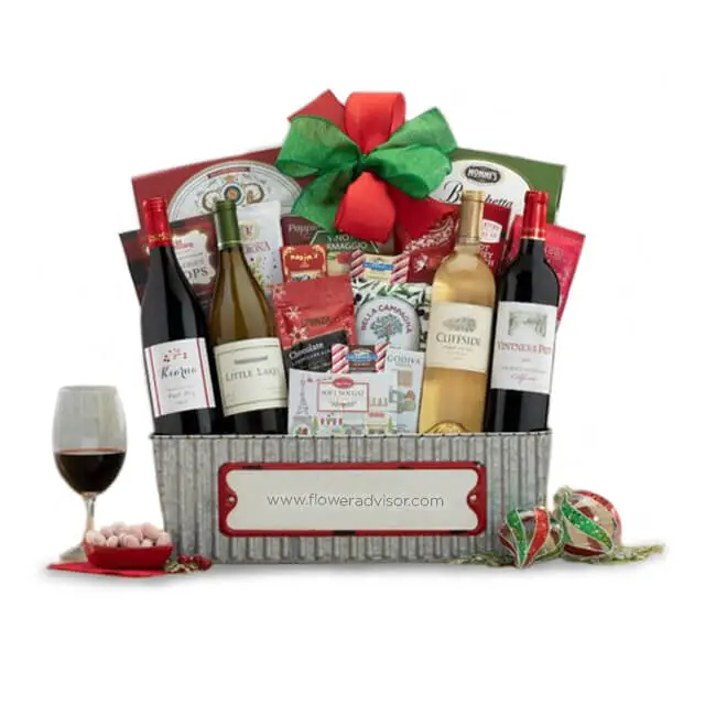 Christmas 2020 - North Pole Road Red and White Wine Basket - Christmas