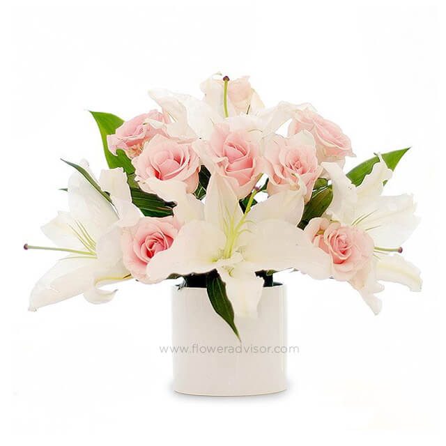 Pink Roses and Lilies Table Flowers - Faithful - Mothers Day