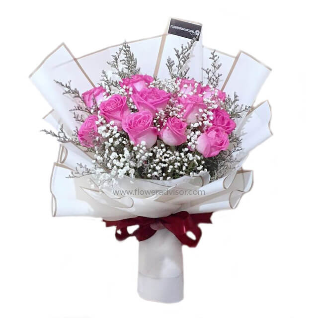 12 Pink Roses Hand Bouquet - Raining  Kisses - Anniversary