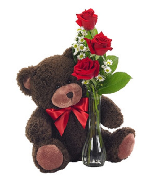 Classic Bud Vase Roses with Bear - Valentine's Day