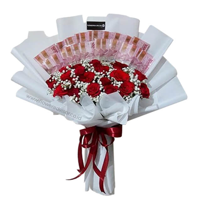 Money Bouquet (41 - 50 Lembar Uang) with Red Roses - Anniversary