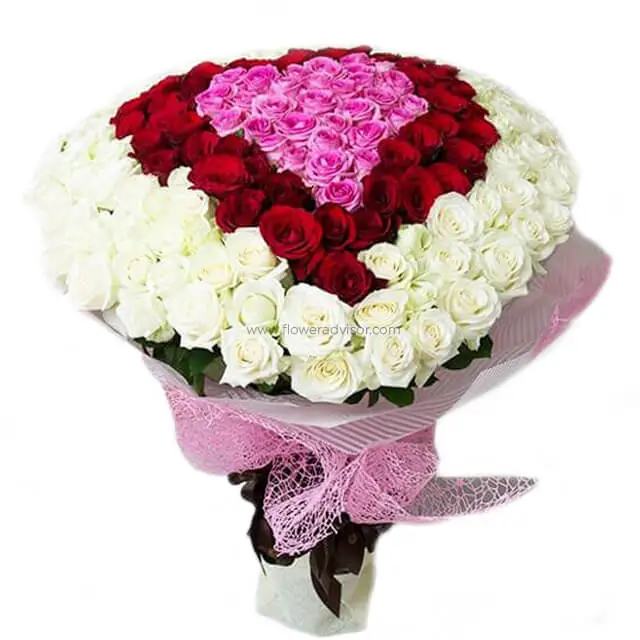 300 Mixed Roses Bouquet with heart shaped