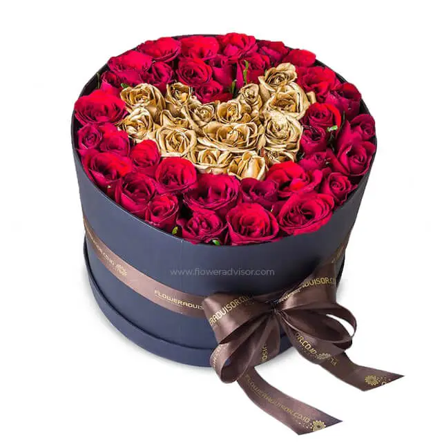 Red and Gold Roses Bloom Box - Alexandria