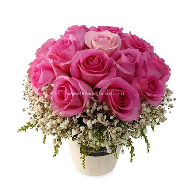 Vase Arrangement of 12 Pink Roses - Blossom Beauty