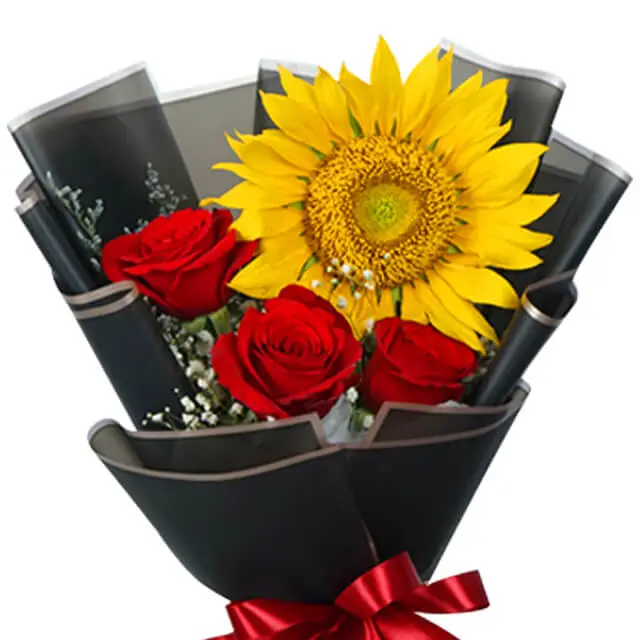 Sunflower Bouquet with 3 Red Roses - Sunrose Bloom