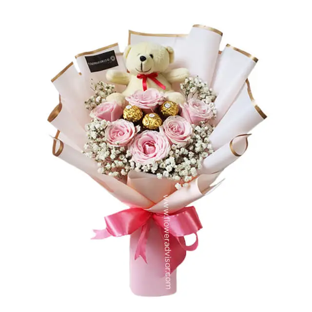 Romantic Pink Bouquet With Teddy Bear