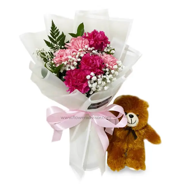 6 Stalk Carnations Bouquet with Teddy Bear - Captured My Heart