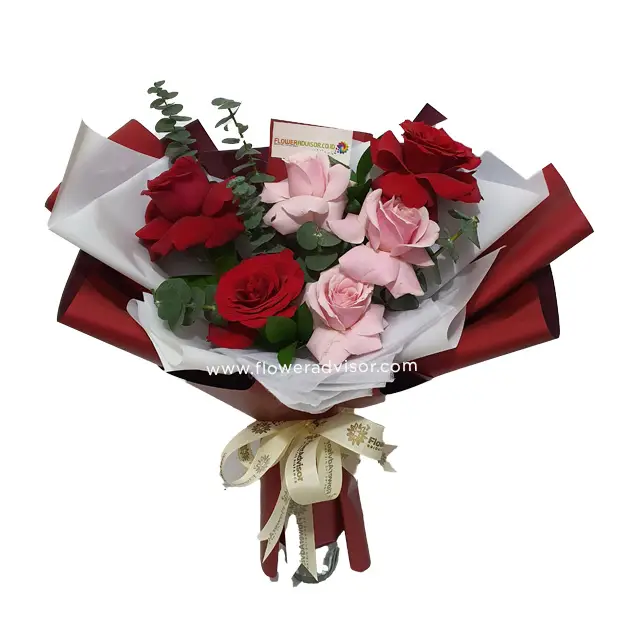 3 red roses 3 pink roses and silver dollar bouquet  - Juliet
