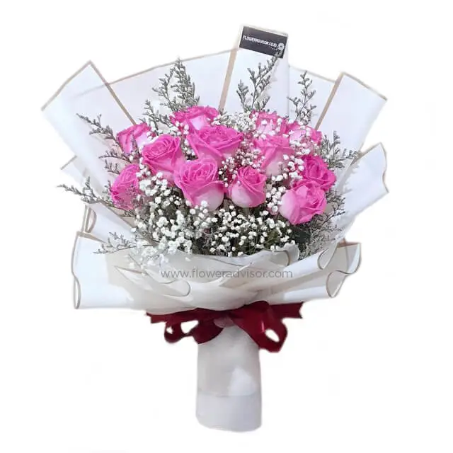 12 Pink Roses Hand Bouquet - Raining  Kisses