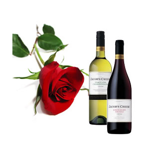 Single Red Rose with Red & White Wine