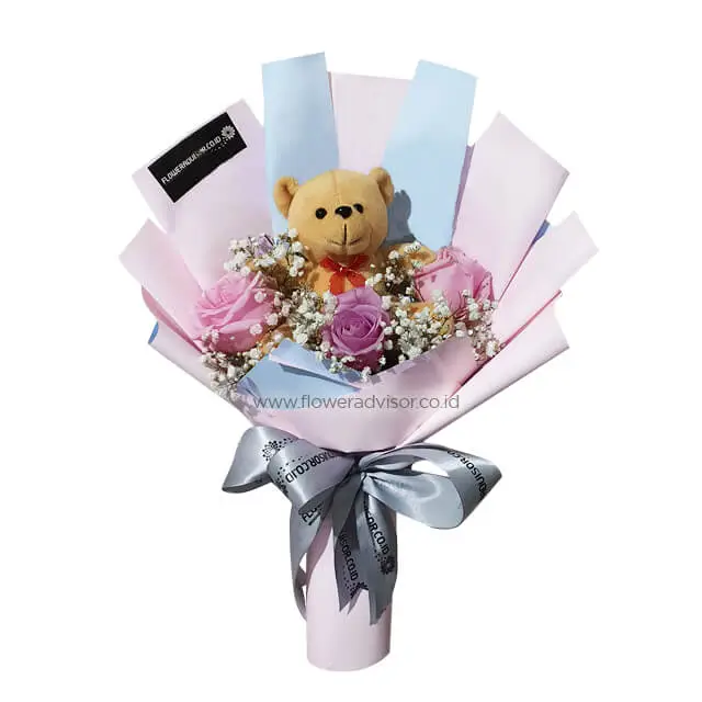 Pink Roses Bouquet with Teddy Bear - Violetta