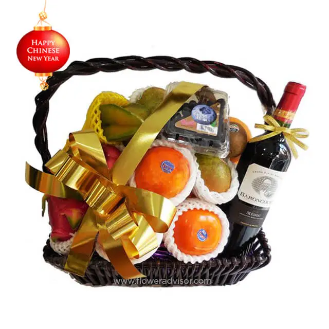 CNY 2021 - New Year Fruit Basket w/ Red Wine - Chinese New Year