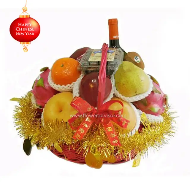 CNY 2021 - New Year Fruit Basket with Red Wine - Chinese New Year