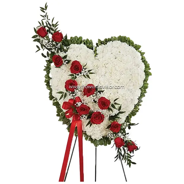 White Standing Heart With Red Roses - Condolence
