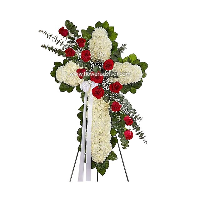 Red & White Standing Cross With Red Rose Break - Condolence