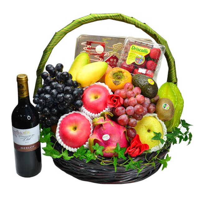 Seasonal Fruits Hamper with Moon Cake and Red Wine - MAF 2024 - Mid-Autumn Festival