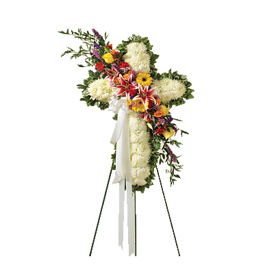 Solid White Standing Cross With Bright Flower Break - Sympathy