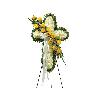 Yellow & White Standing Cross With Yellow Rose Break - Condolence