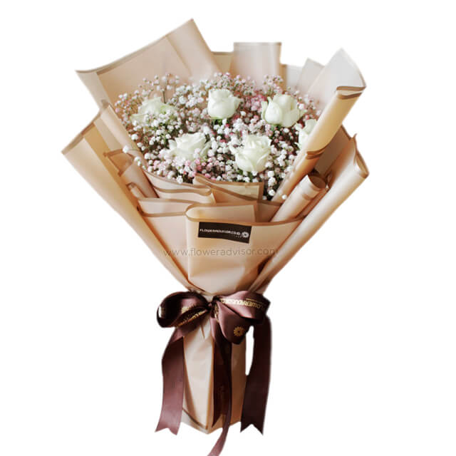 6 Stalks White Roses Bouquet - Touch of Heaven - Hand Bouquets