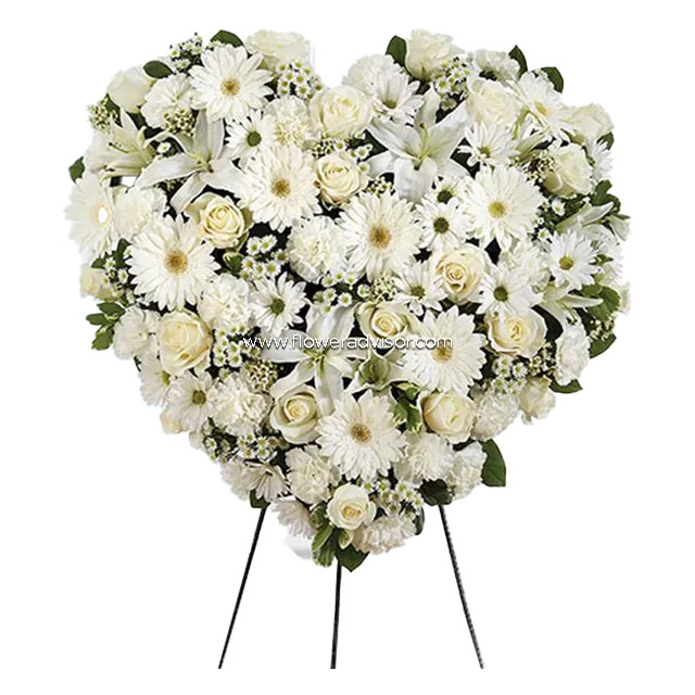 White Mixed Flower Solid Standing Heart - Sympathy